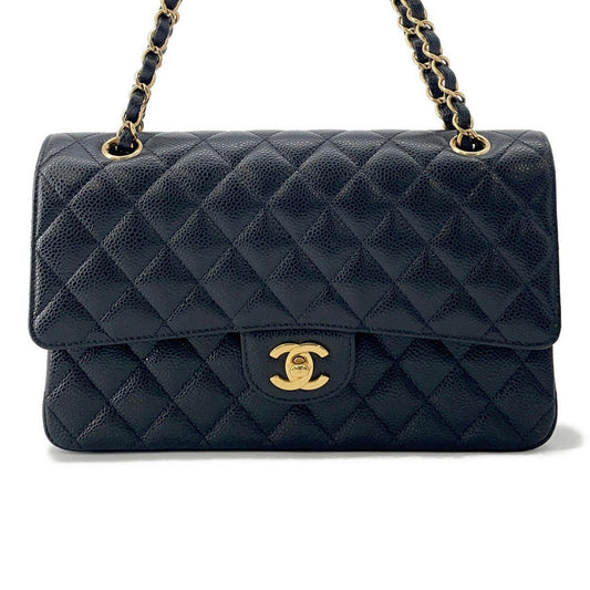 CHANEL Matelasse W-Flap W-Chain Shoulder Bag BlackA01112 Caviar Leather Size 25