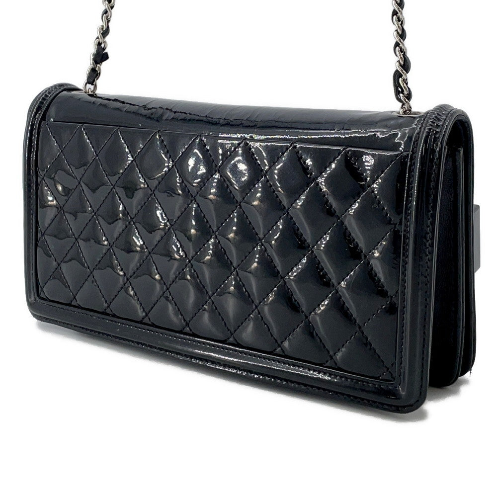 CHANEL Lego Boy ChainShoulder Black Patent Leather Rhinestone Plastic