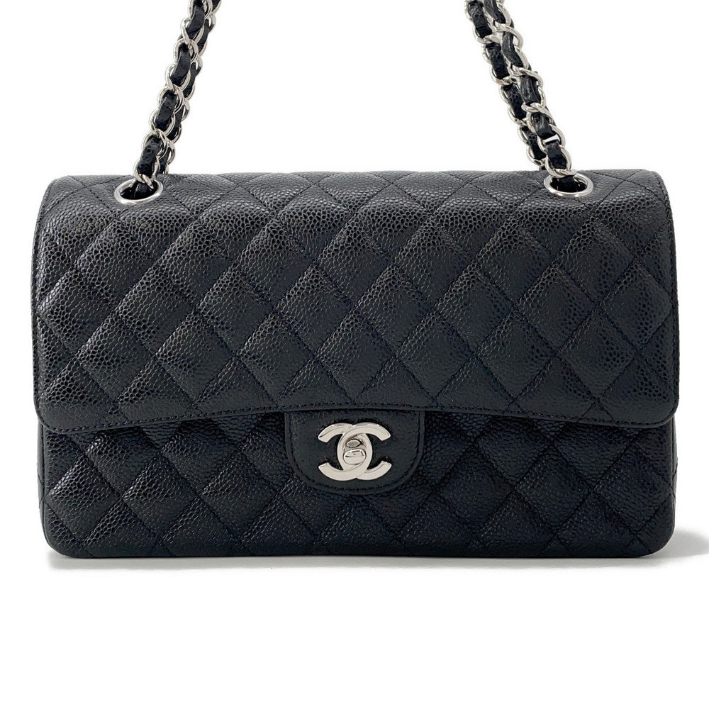 CHANEL Matelasse W Flap ChainShoulder Bag BlackA01112 Caviar Leather Size 25