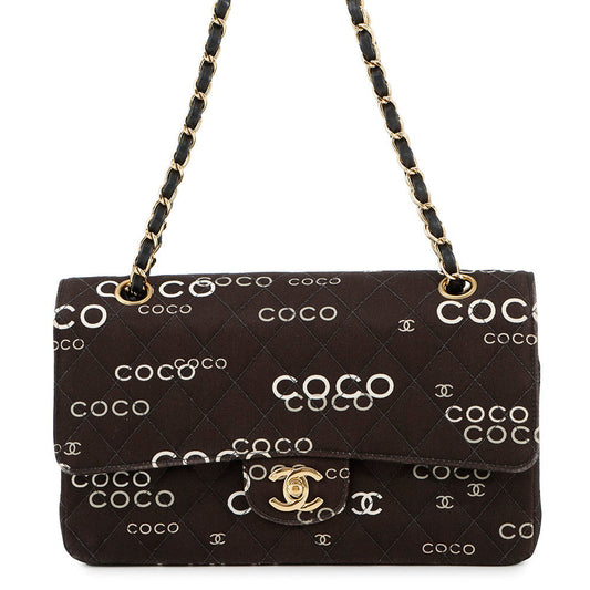CHANEL Matelasse Double Flap Chain Shoulder COCO Print BlackA01112 Canvas Size 25