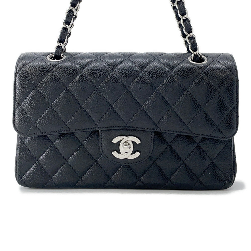 CHANEL Matelasse W-Flap W-Chain Shoulder Bag BlackA01113 Caviar Leather Size 23