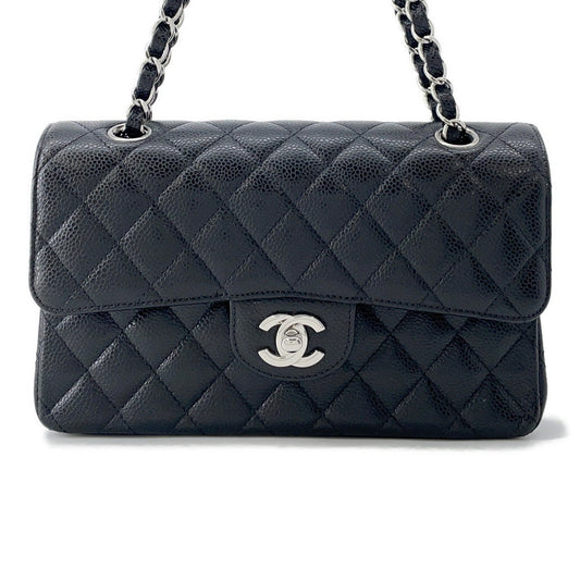 CHANEL Matelasse W-Flap W-Chain Shoulder Bag BlackA01113 Caviar Leather Size 23