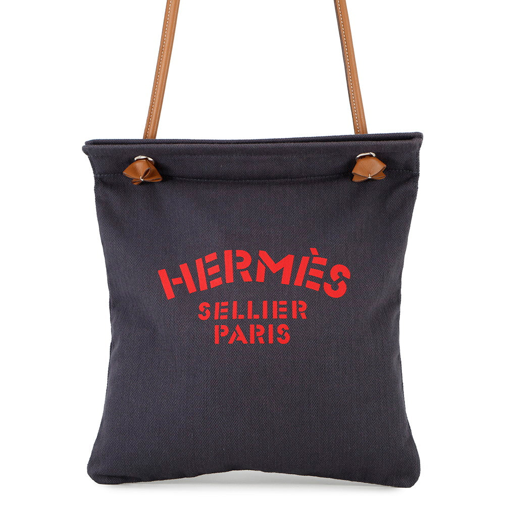 HERMES Sack Aline Blue Indigo/Gold Toile Chevrons Barenia Leather Size MM