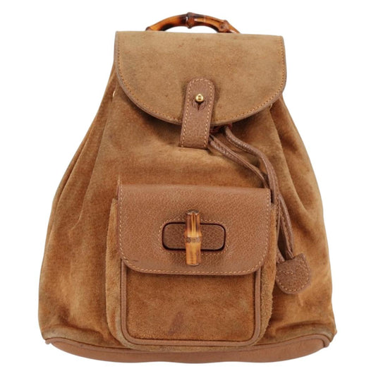 Gucci Bamboo Brown,Gold Suede Backpack Bag