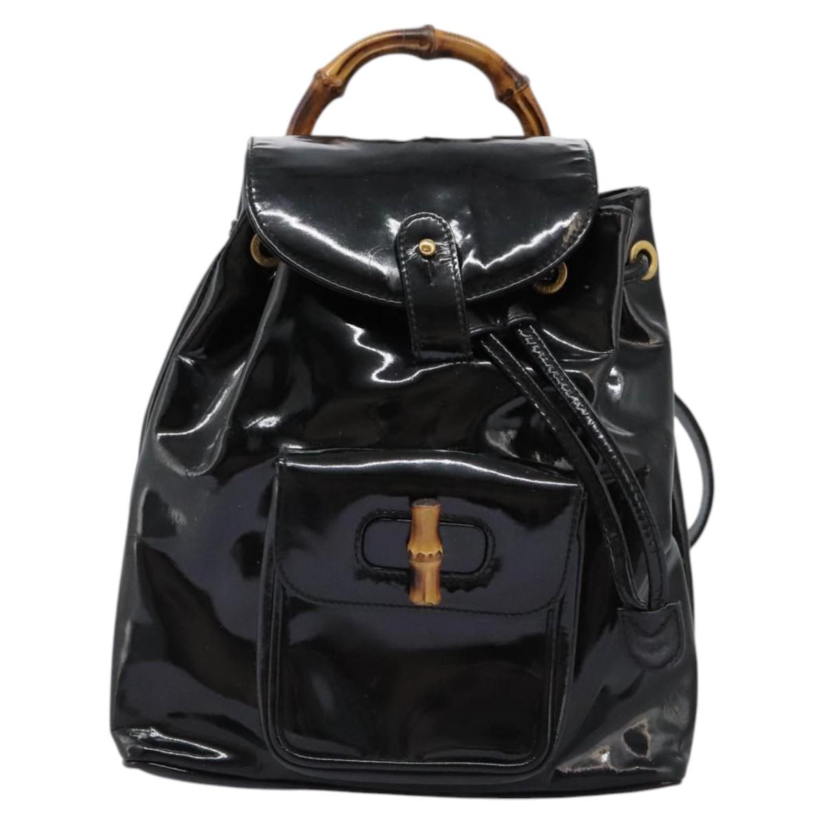 Gucci Bamboo Black Patent Leather Backpack Bag