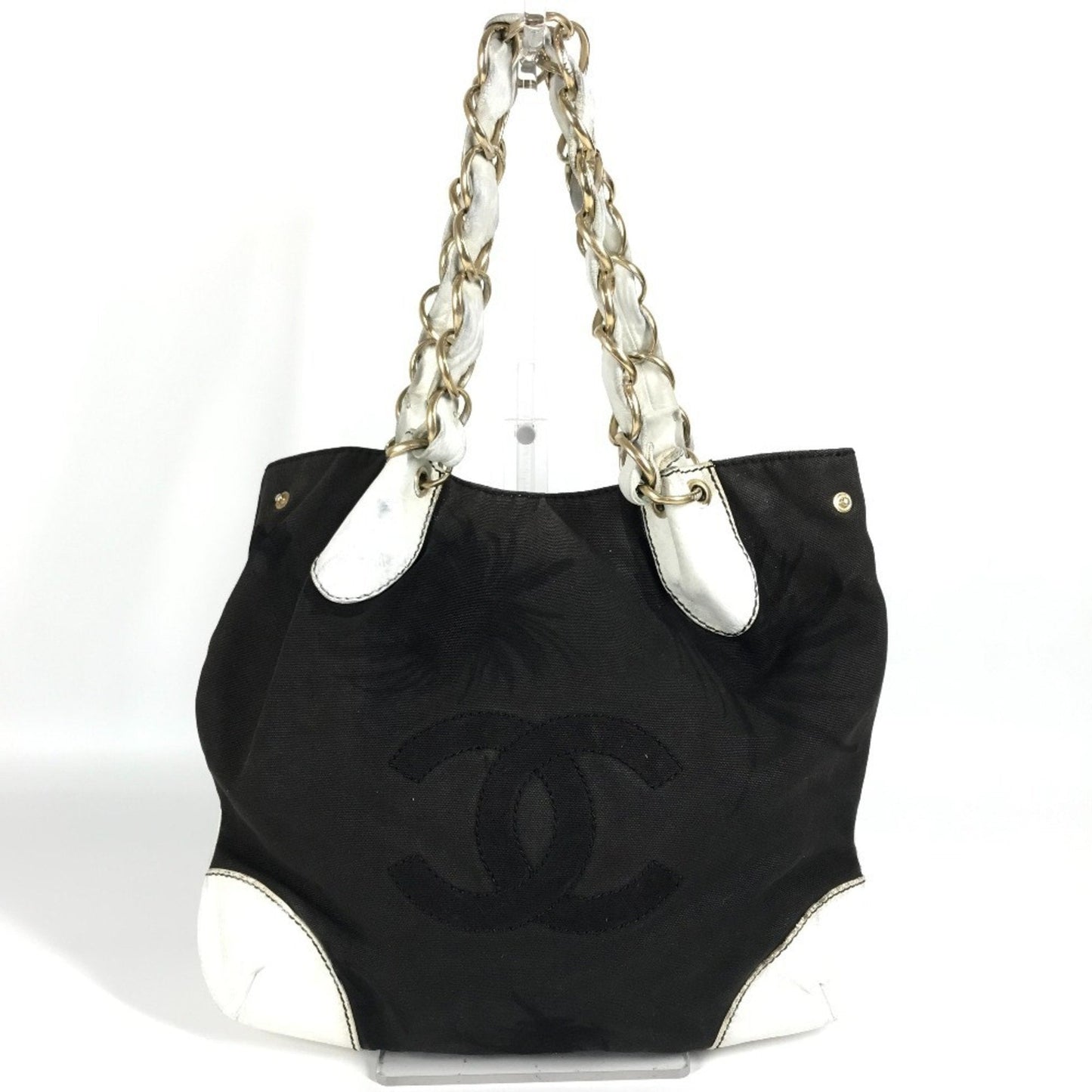 Chanel Black White Leather Canvas Shoulder Bag Tote Bag