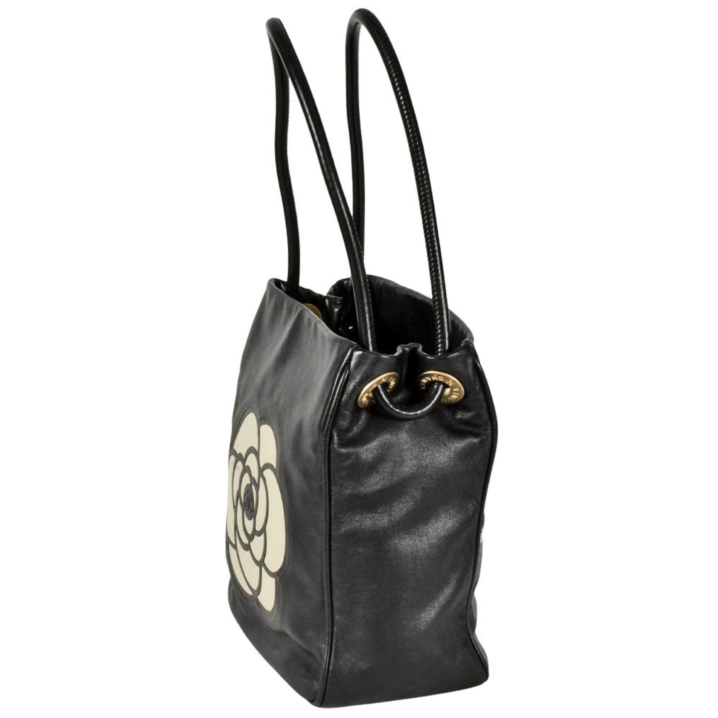 Chanel Camellia Black White Leather Tote Bag