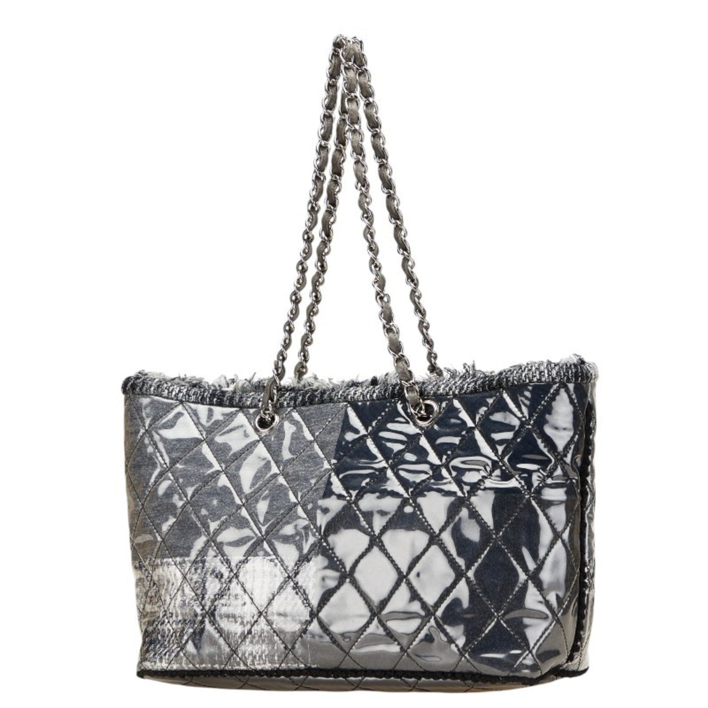 Chanel Matelasse Black Gray Vinyl Tweed Handbag Tote Bag