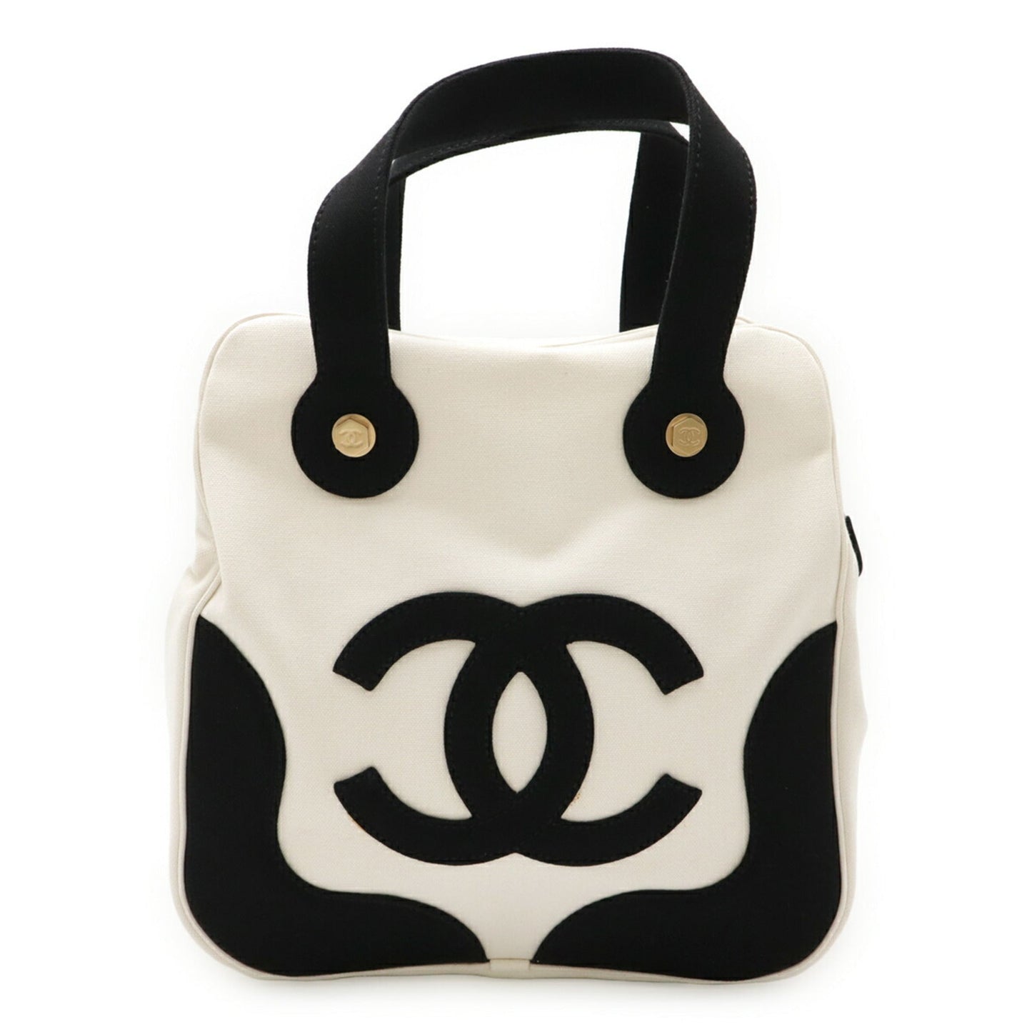 Chanel Black Ivory White Canvas Leather Handbag Tote Bag