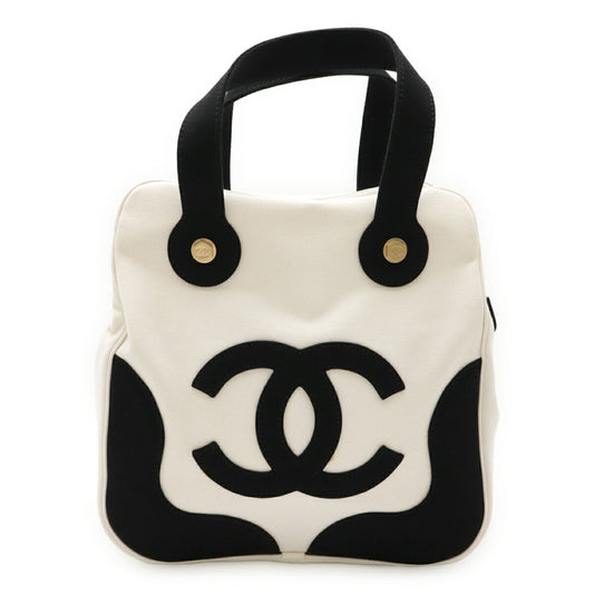 Chanel Black Ivory White Canvas Leather Handbag Tote Bag