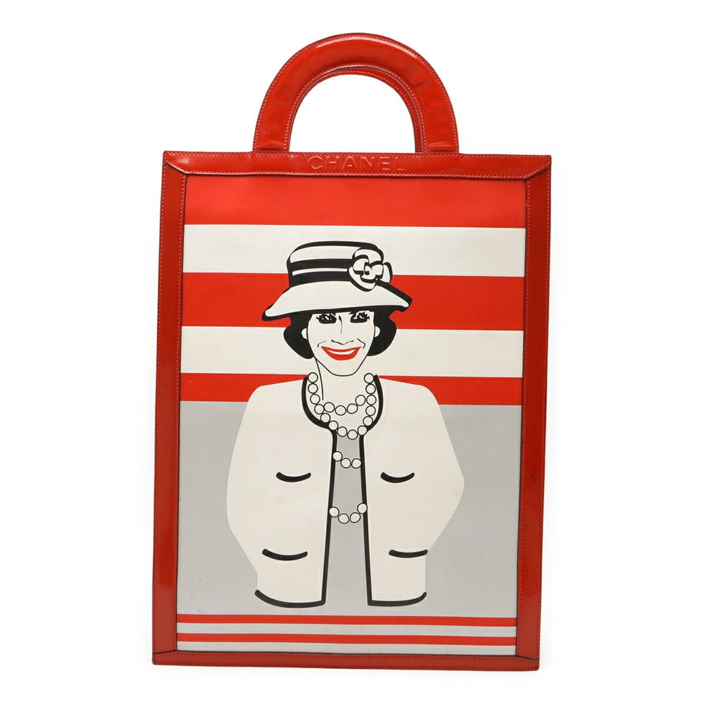 Chanel Black Red Color Silver White Patent Leather Handbag Tote Bag