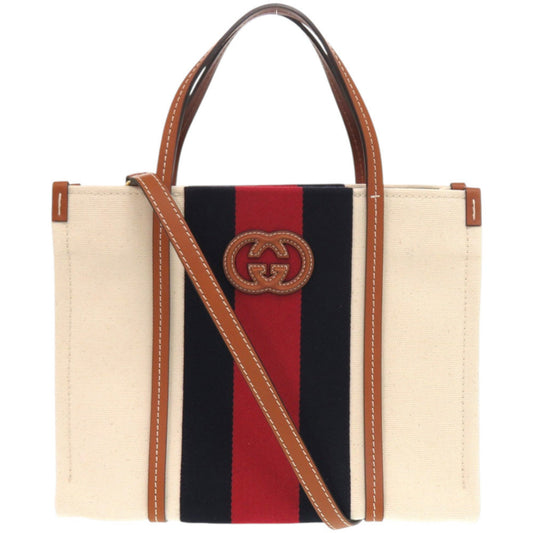 Gucci Sherry Line Navy Red Color White Canvas Tote Bag