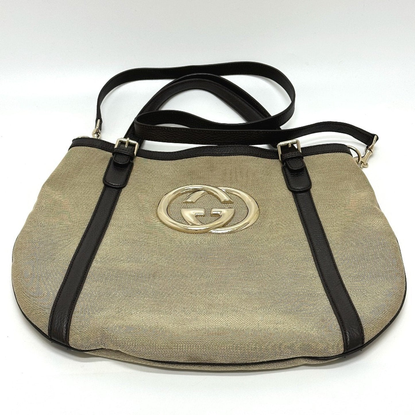 Gucci Beige Canvas Leather Shoulder Bag Tote Bag