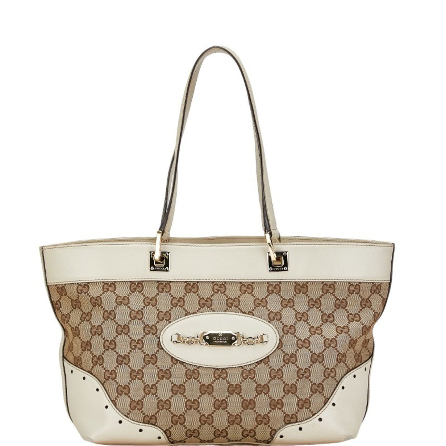 Gucci Beige White Gg Canvas Leather Handbag Tote Bag