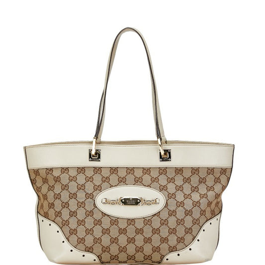Gucci Beige White Gg Canvas Leather Handbag Tote Bag
