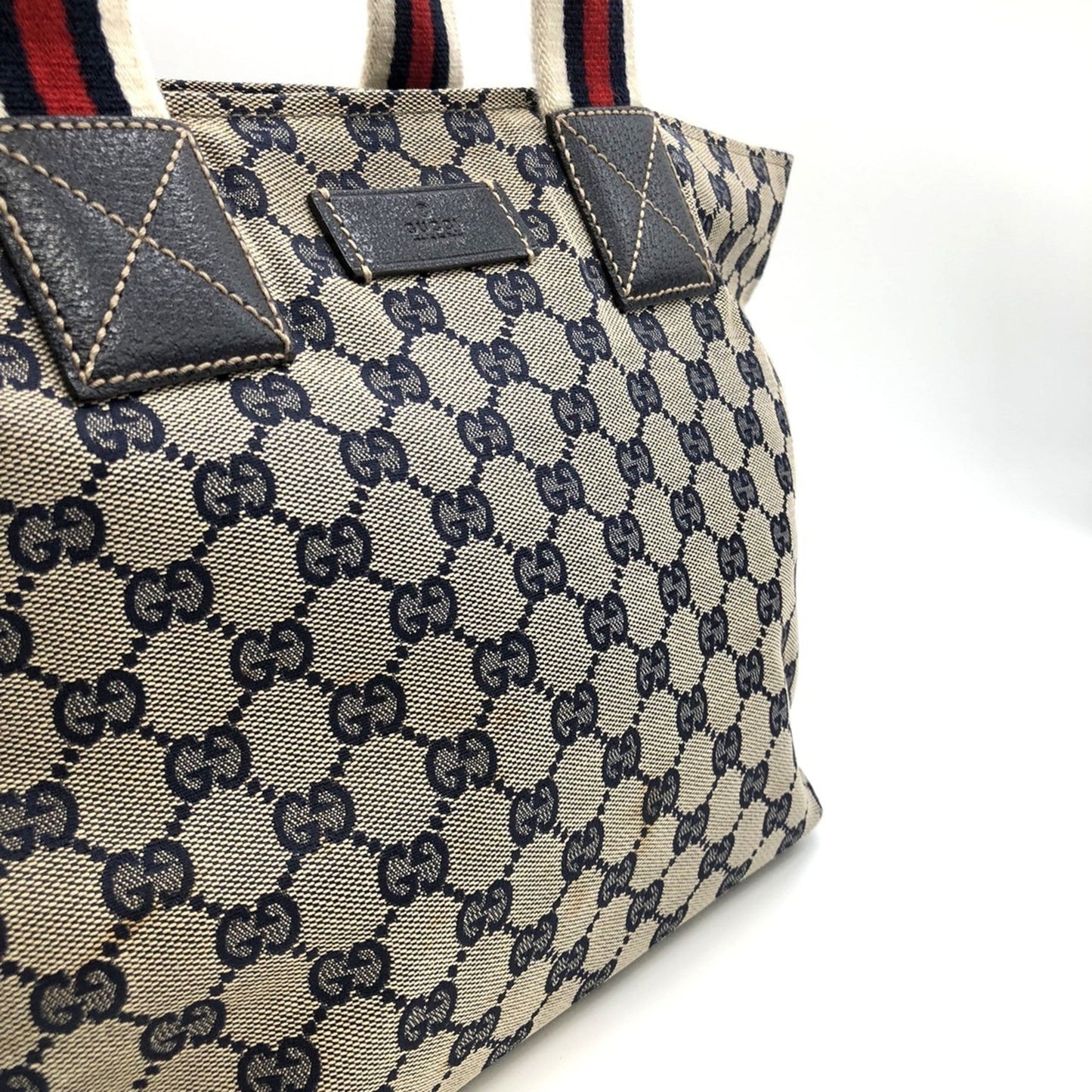 Gucci Gg Canvas Navy Gg Canvas Leather Tote Bag