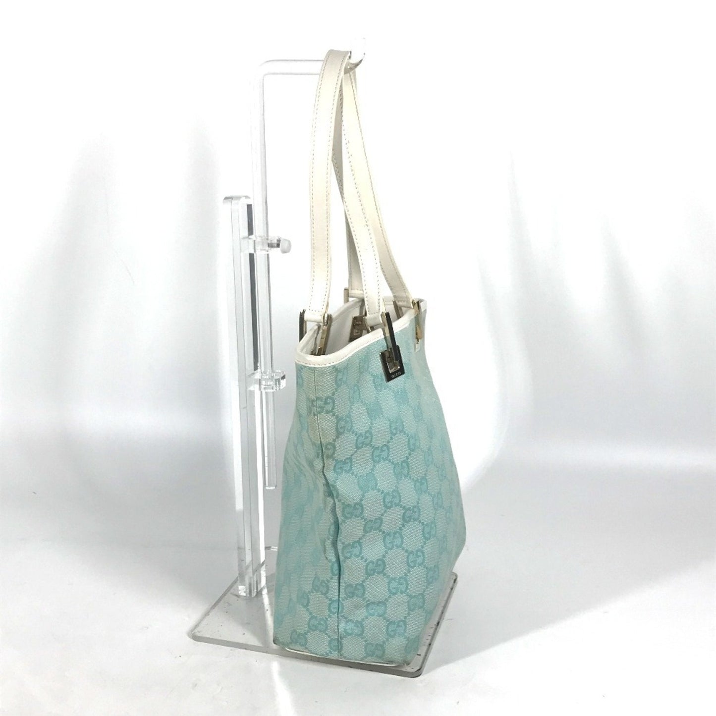 Gucci Blue White Canvas Leather Shoulder Bag Tote Bag