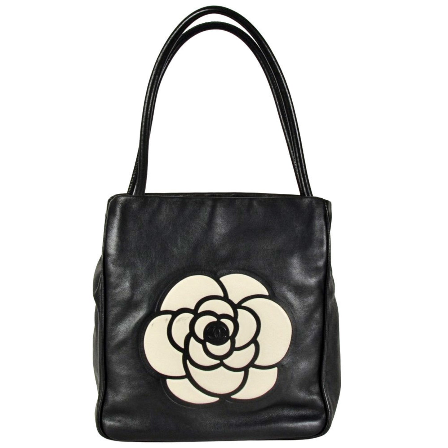 Chanel Camellia Black White Leather Tote Bag