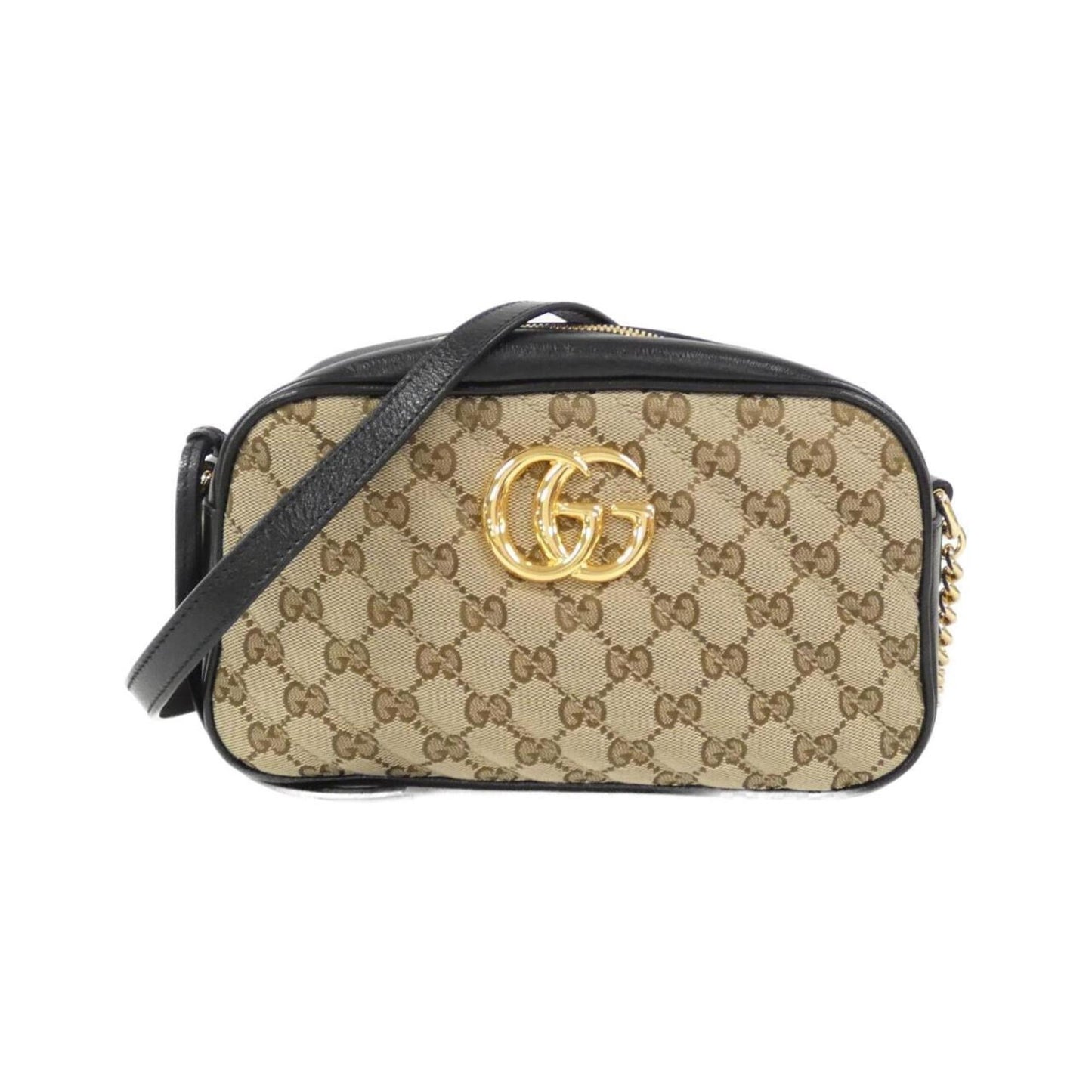 Gucci Gg Marmont Beige Black Gg Canvas Leather Shoulder Bag