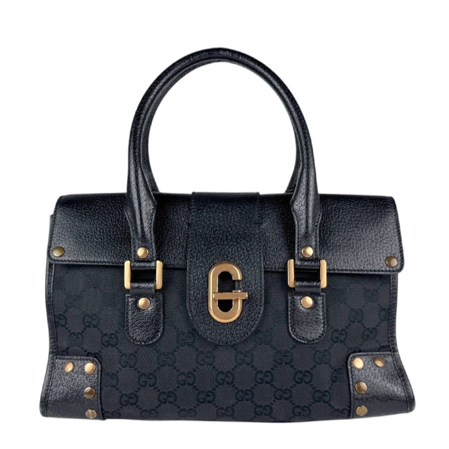 Gucci Black Gg Canvas Leather Handbag