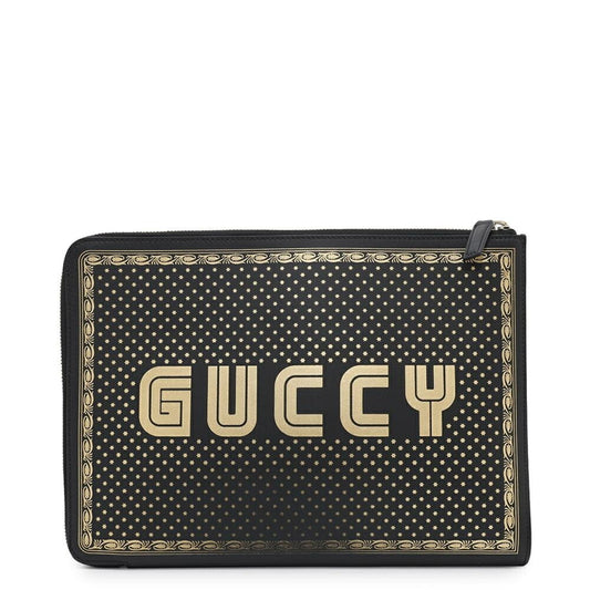 Gucci Black Gold Leather Clutch Bag