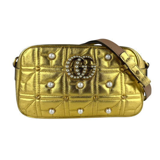 Gucci Gold White Leather Artificial Pearl Shoulder Bag