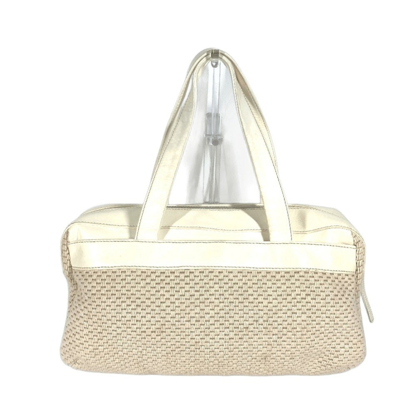 Chanel Beige White Leather Canvas Handbag Shoulder Bag Tote Bag