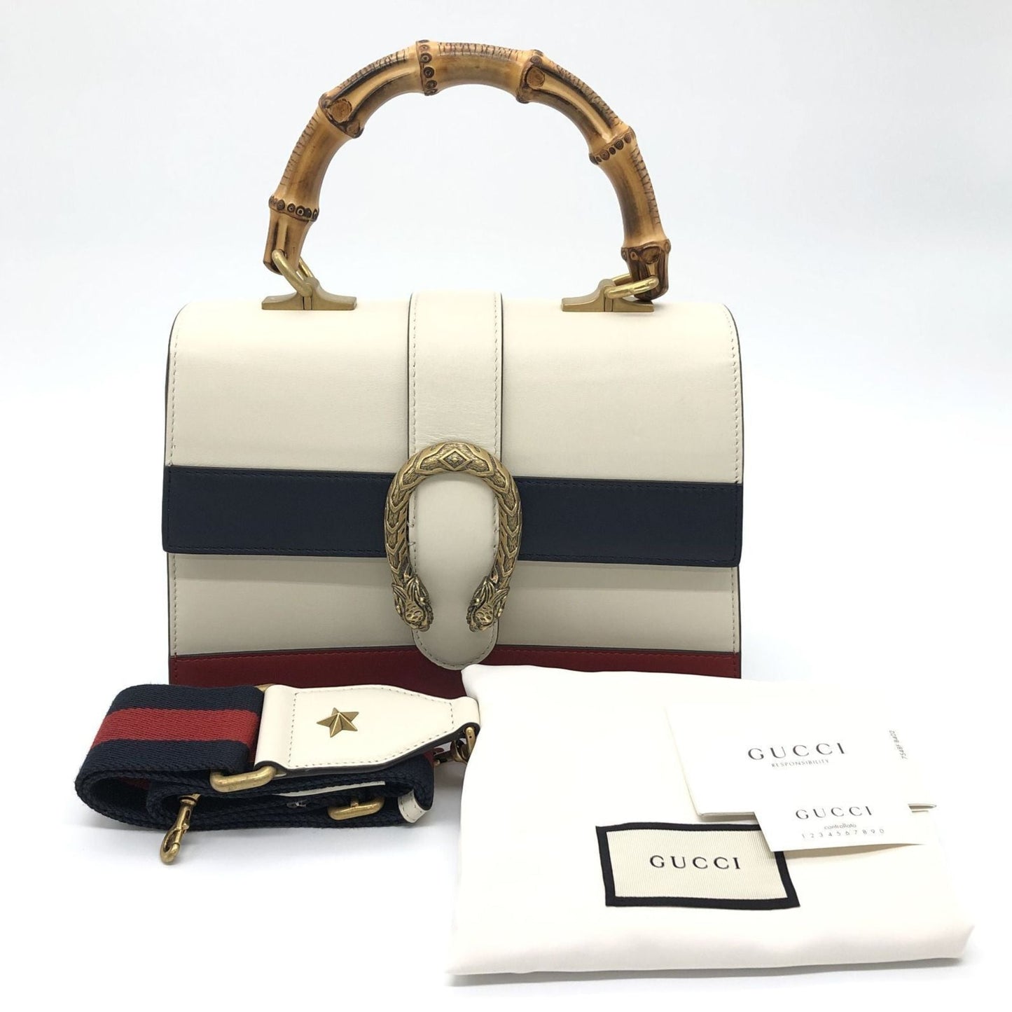 Gucci Ivory Navy Red Color Bamboo Leather Handbag