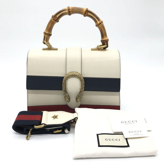 Gucci Ivory Navy Red Color Bamboo Leather Handbag