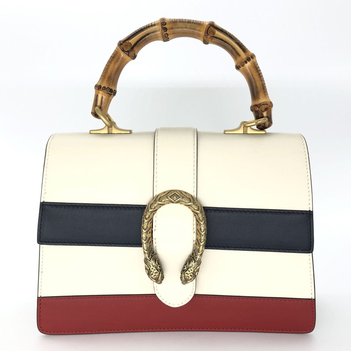 Gucci Ivory Navy Red Color Bamboo Leather Handbag