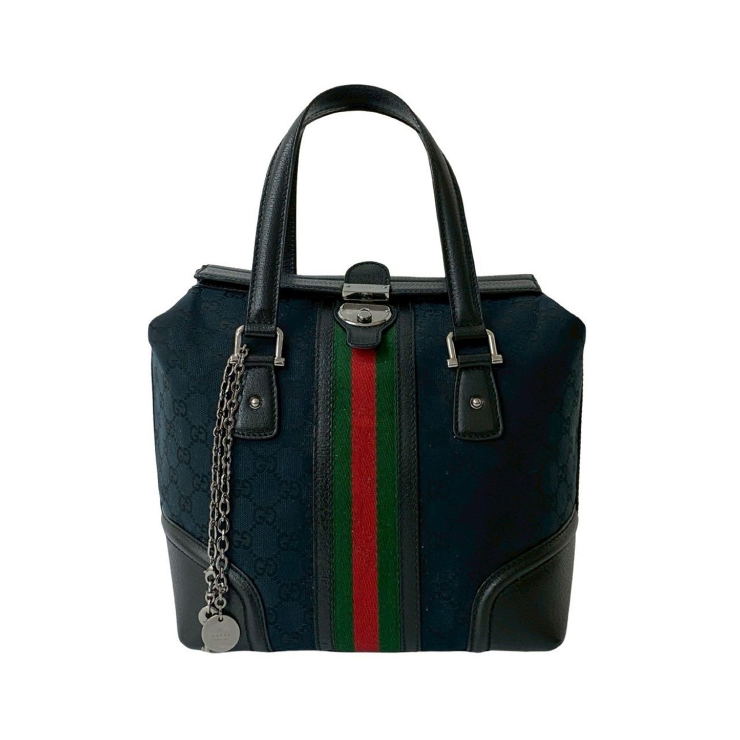 Gucci Black Green Red Color Leather Canvas Boston Bag Handbag