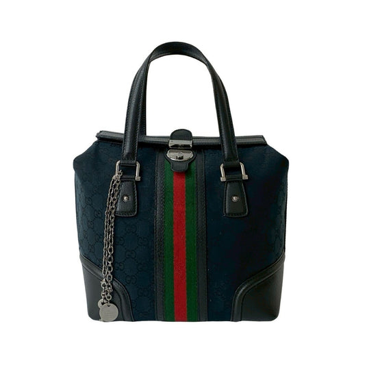 Gucci Black Green Red Color Leather Canvas Boston Bag Handbag
