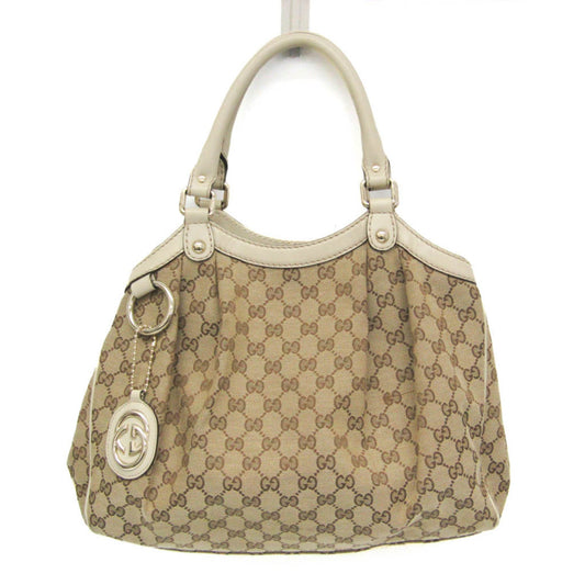 Gucci Beige Brown Cream Leather Canvas Handbag