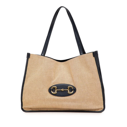 Gucci Beige Navy Canvas Leather Shoulder Bag Tote Bag