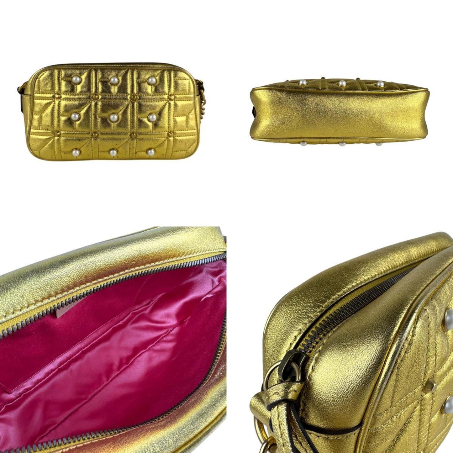 Gucci Gold White Leather Artificial Pearl Shoulder Bag