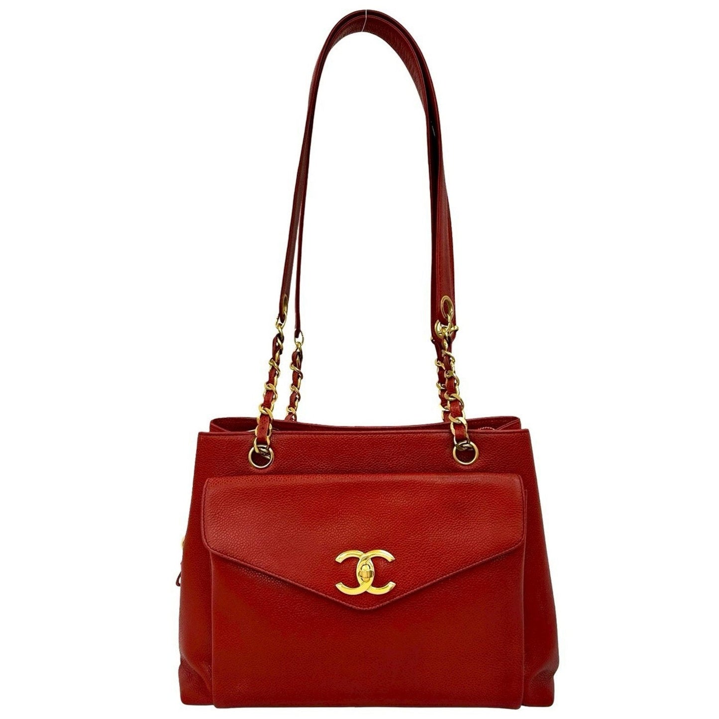 Chanel Red Color Grained Calfskin Shoulder Bag Tote Bag
