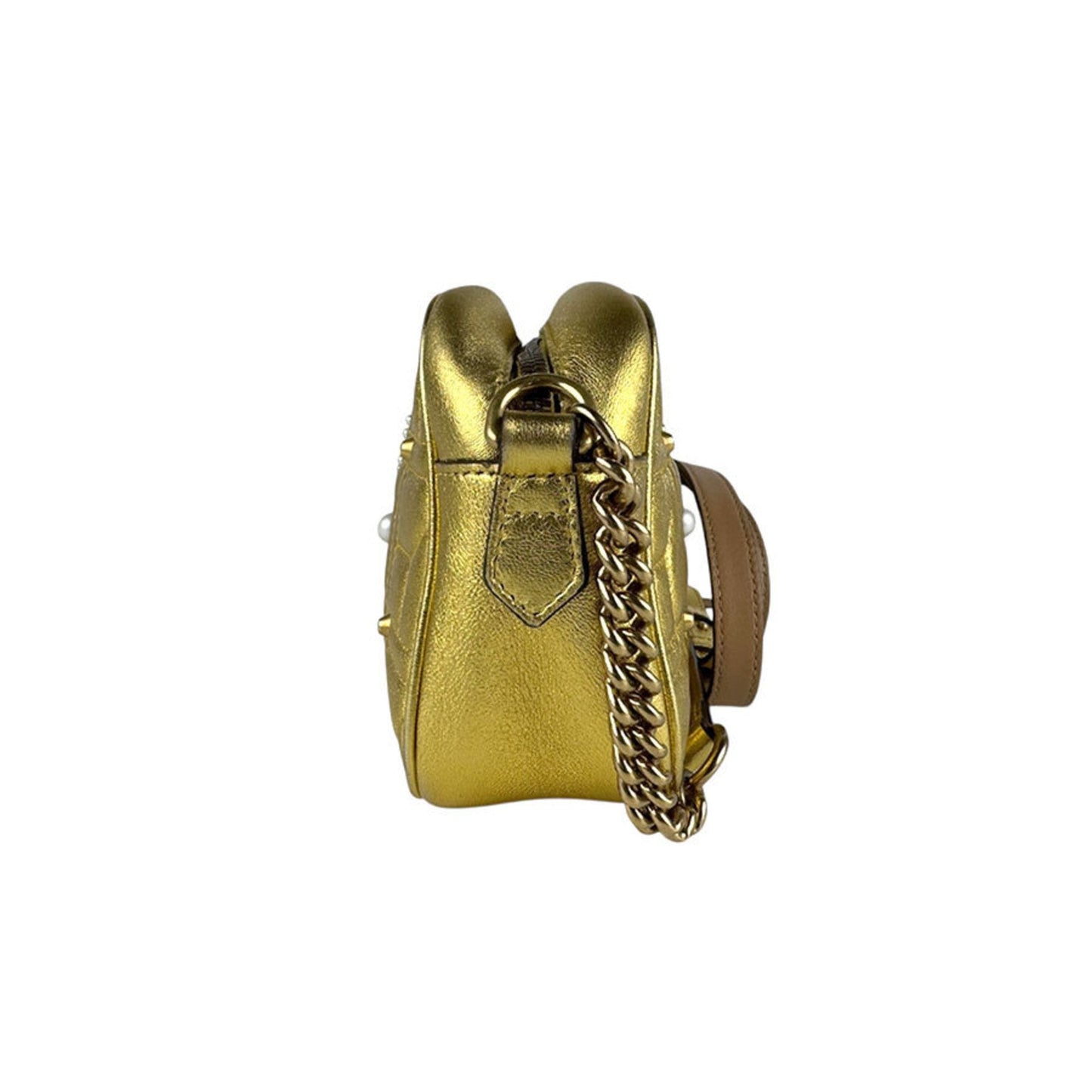 Gucci Gold White Leather Artificial Pearl Shoulder Bag