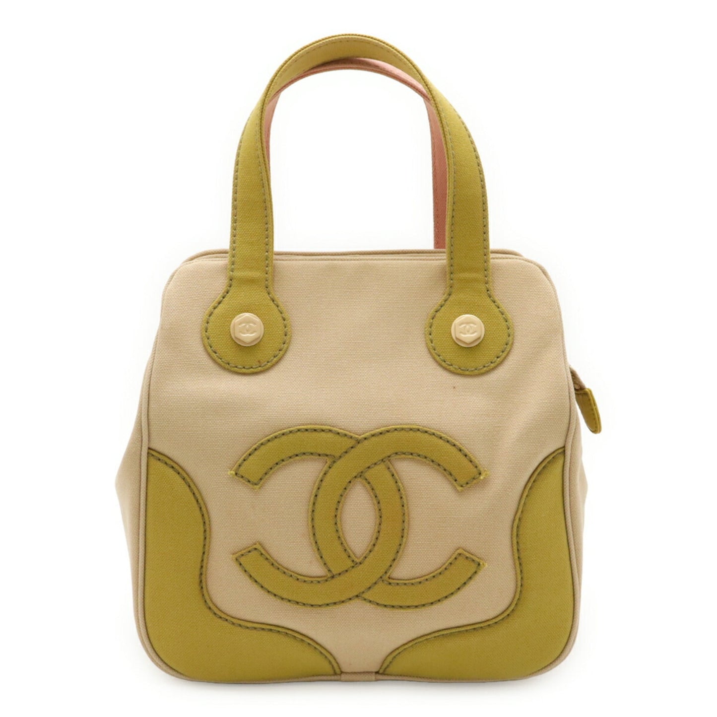 Chanel Beige Green Pink Canvas Handbag Tote Bag