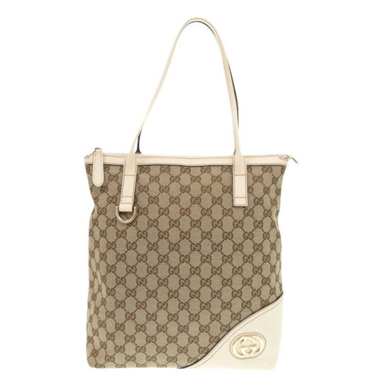 Gucci Beige White Gg Canvas Leather Tote Bag