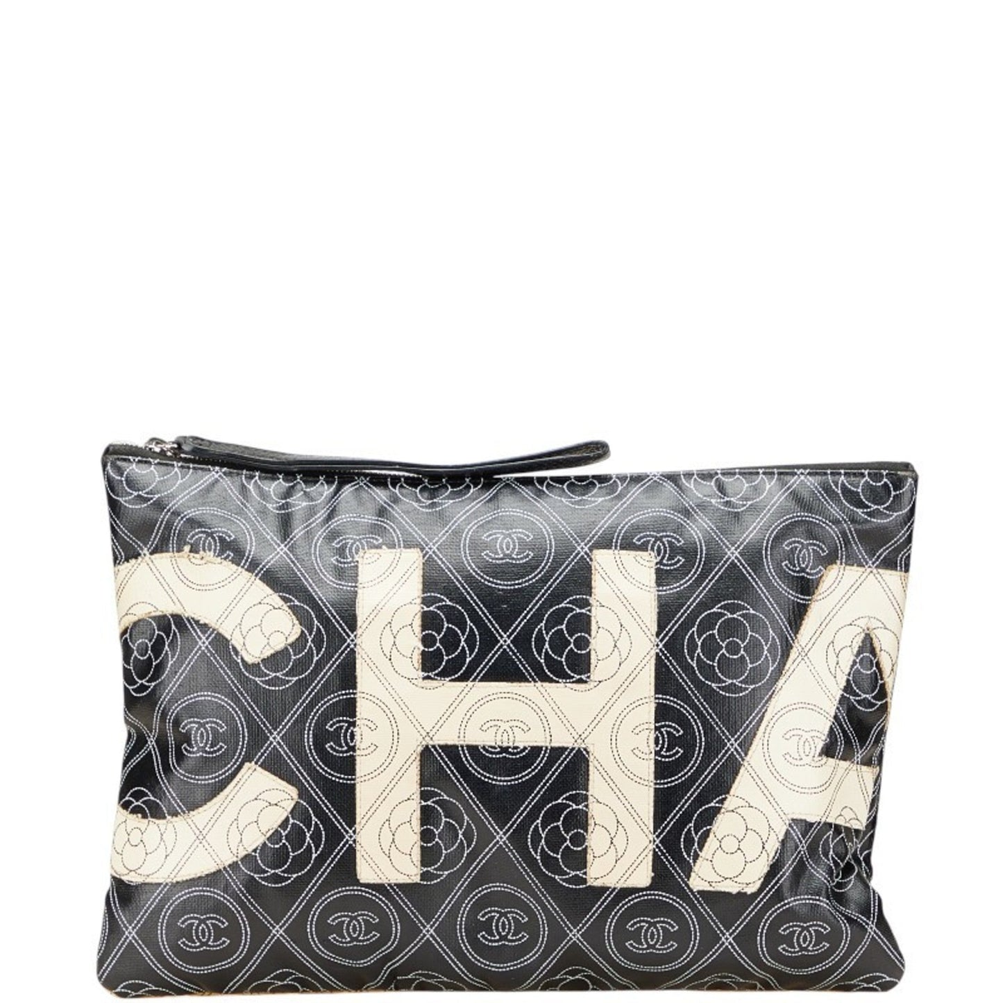 Chanel Camellia Beige Black Pvc Clutch Bag