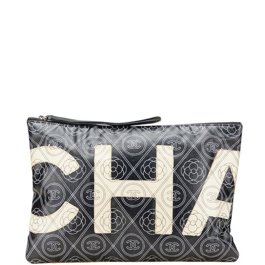 Chanel Camellia Beige Black Pvc Clutch Bag