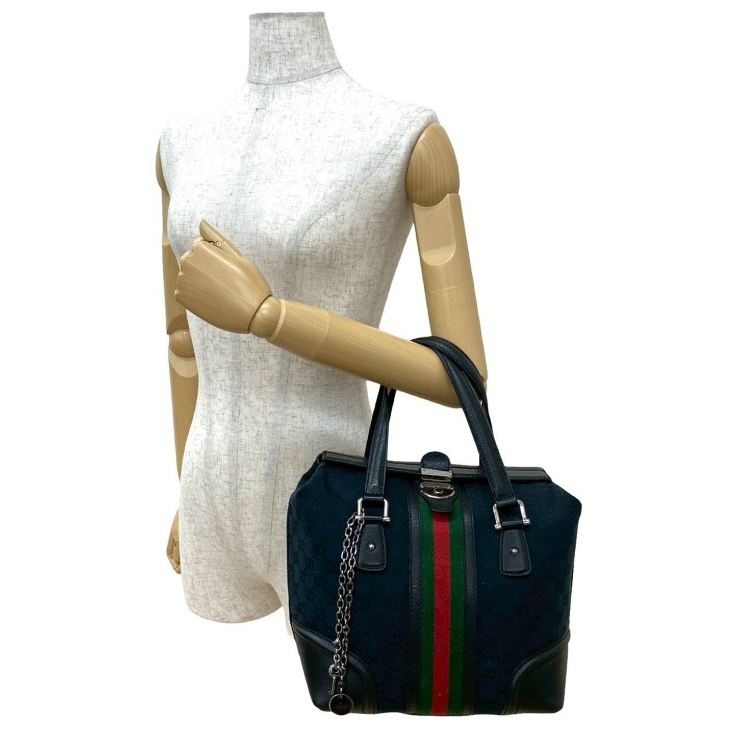 Gucci Black Green Red Color Leather Canvas Boston Bag Handbag