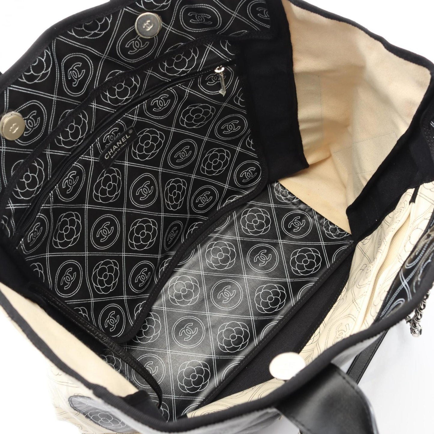 Chanel Beige Black Coated Canvas Leather Tote Bag