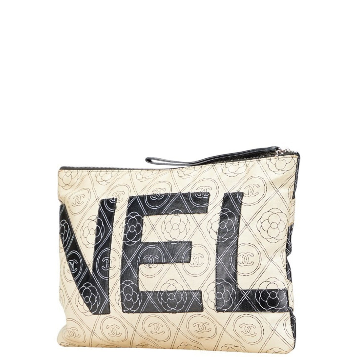 Chanel Camellia Beige Black Pvc Clutch Bag