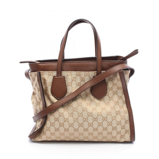 Gucci Beige Brown Canvas Leather Tote Bag