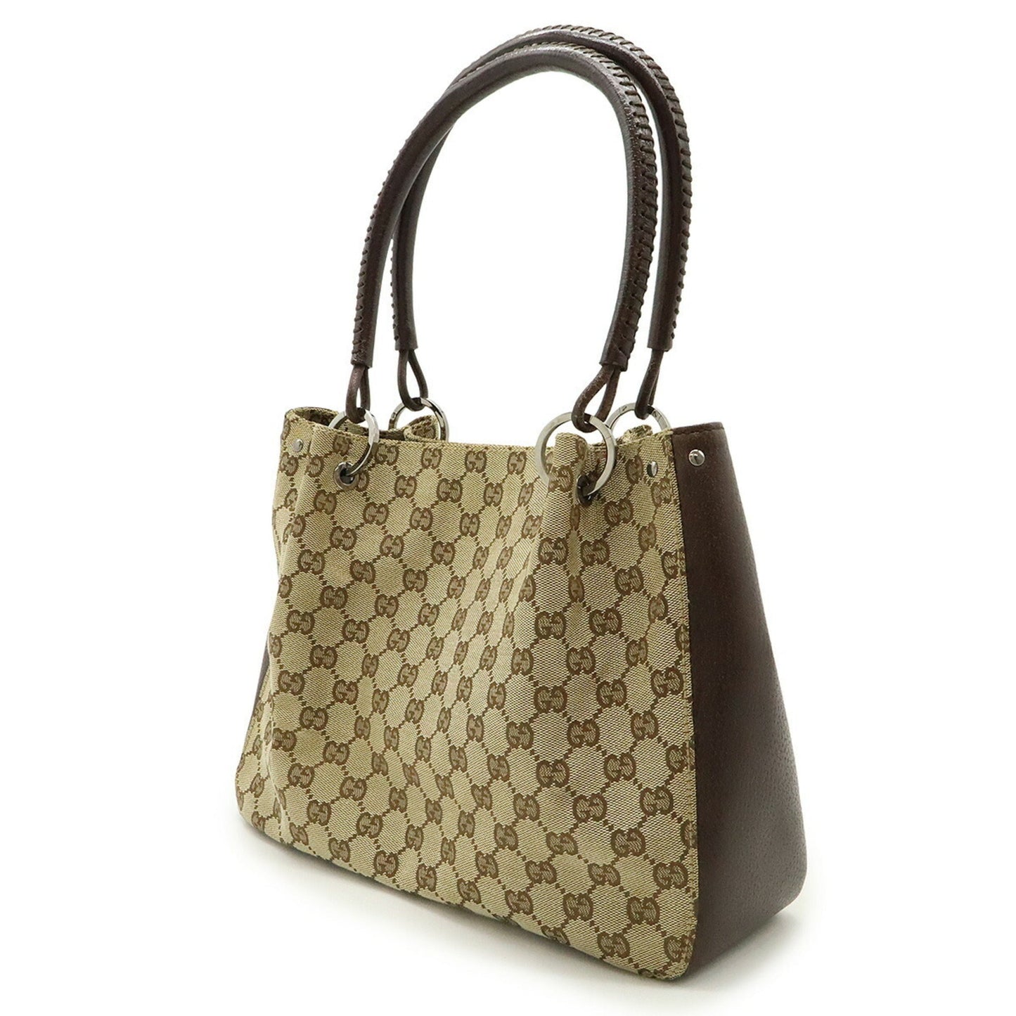 Gucci Beige Dark Brown Khaki Canvas Leather Handbag Tote Bag