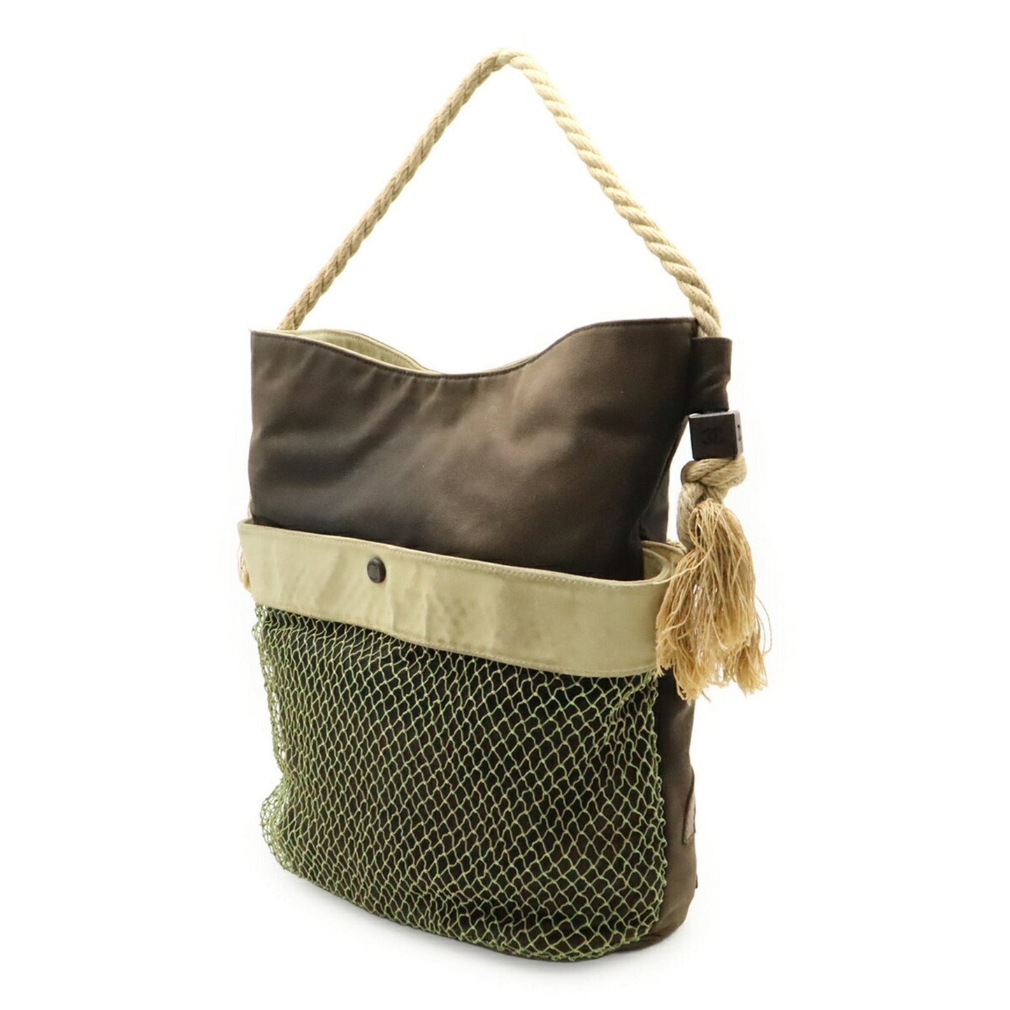 Chanel Beige Black Canvas Leather Wood Handbag Tote Bag