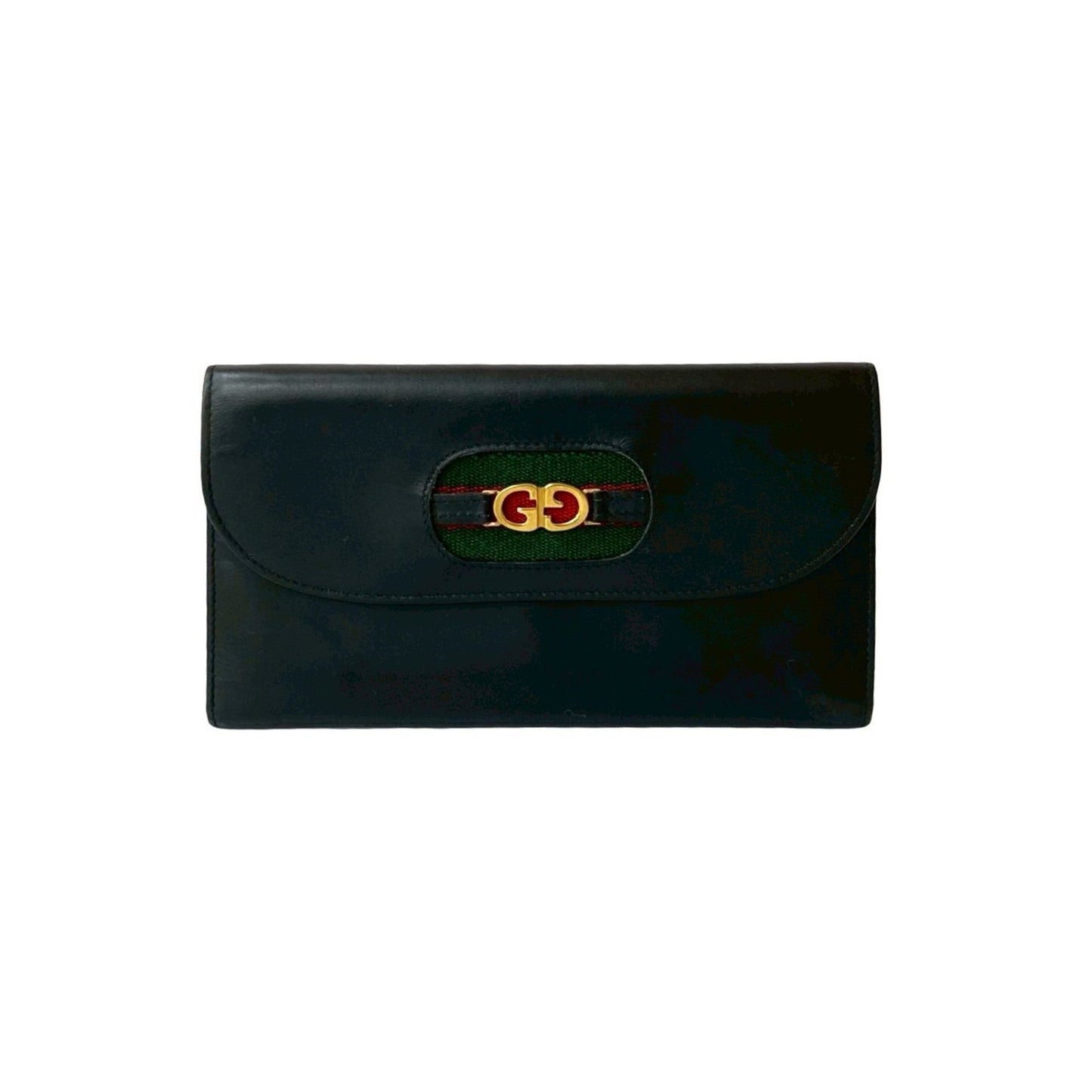 Gucci Black Green Red Color Leather Long Wallet (Tri-Fold)