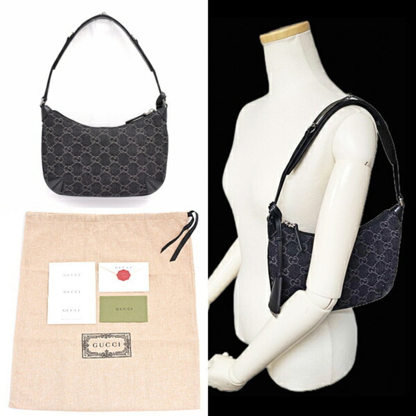 Gucci Black Gray Denim Leather Shoulder Bag