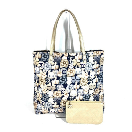 Chanel Camellia Blue Gold Leather Nylon Shoulder Bag Tote Bag